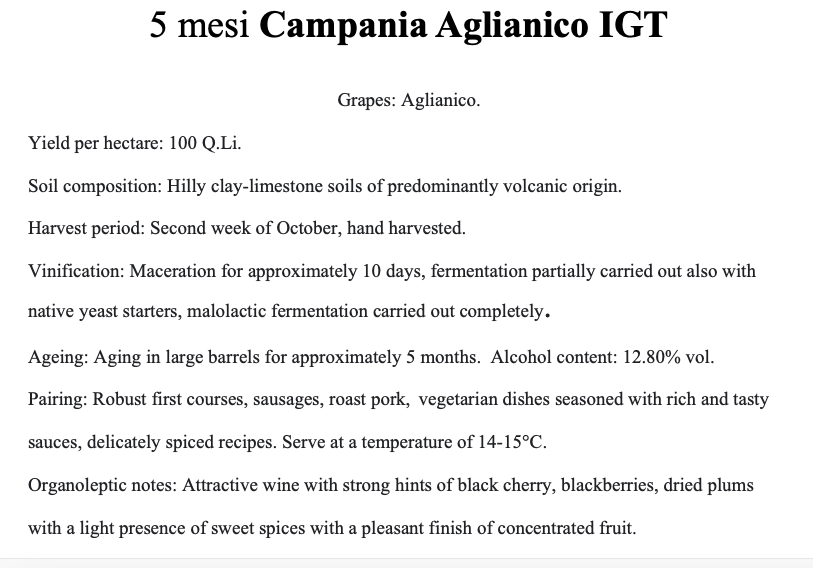 5 Mesi Campania Aglianico I.G.T. - L'Eleganza Giovane dell'Aglianico