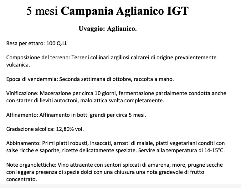 5 Mesi Campania Aglianico I.G.T. - L'Eleganza Giovane dell'Aglianico