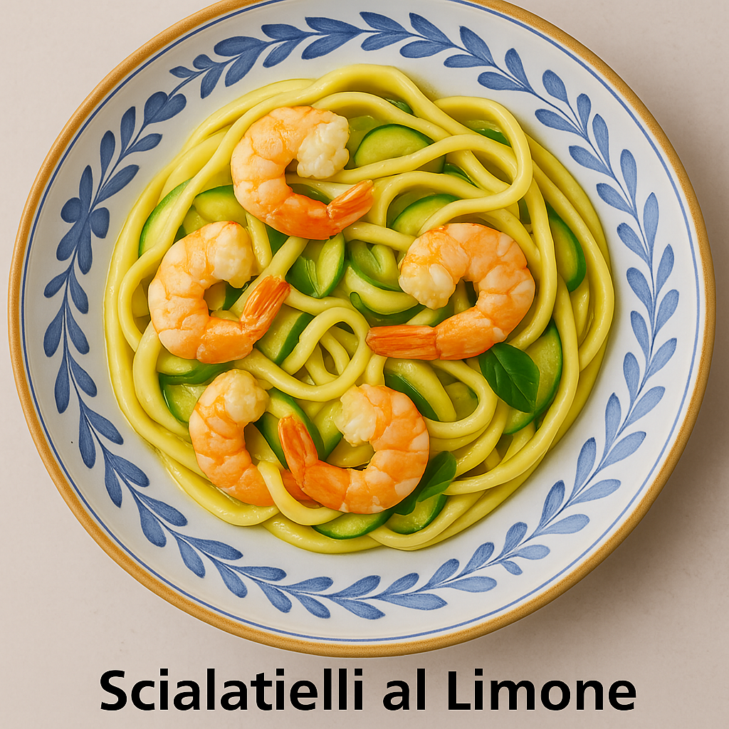 Scialatielli con gamberi e zucchine su piatto ceramico