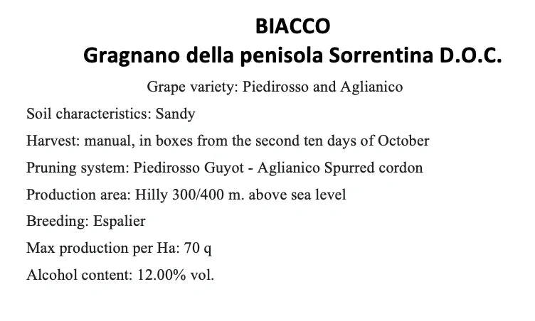 Biacco Gragnano Frizzante Sorrento Peninsula DOC