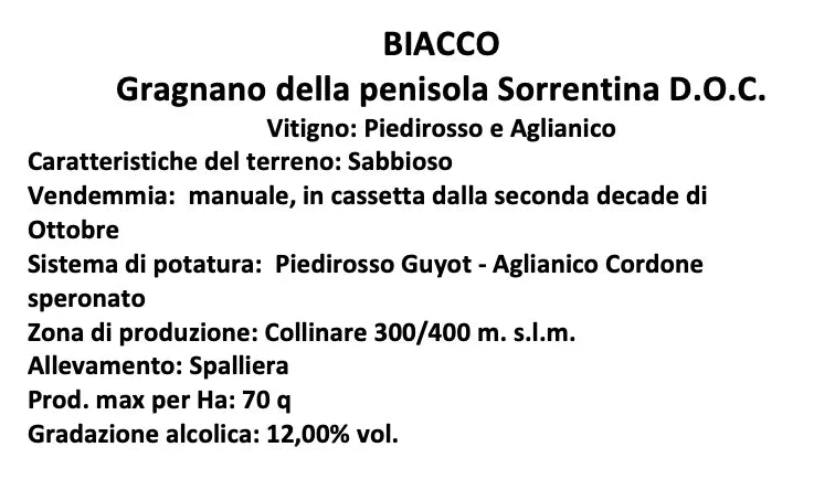 Biacco Gragnano Frizzante Sorrento Peninsula DOC