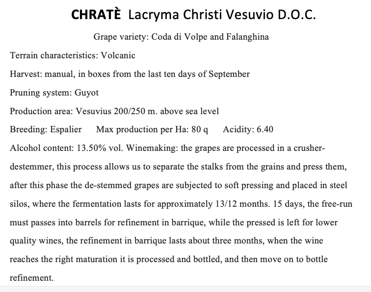 Chrate'. Lacryma Christi del Vesuvio Bianco DOC