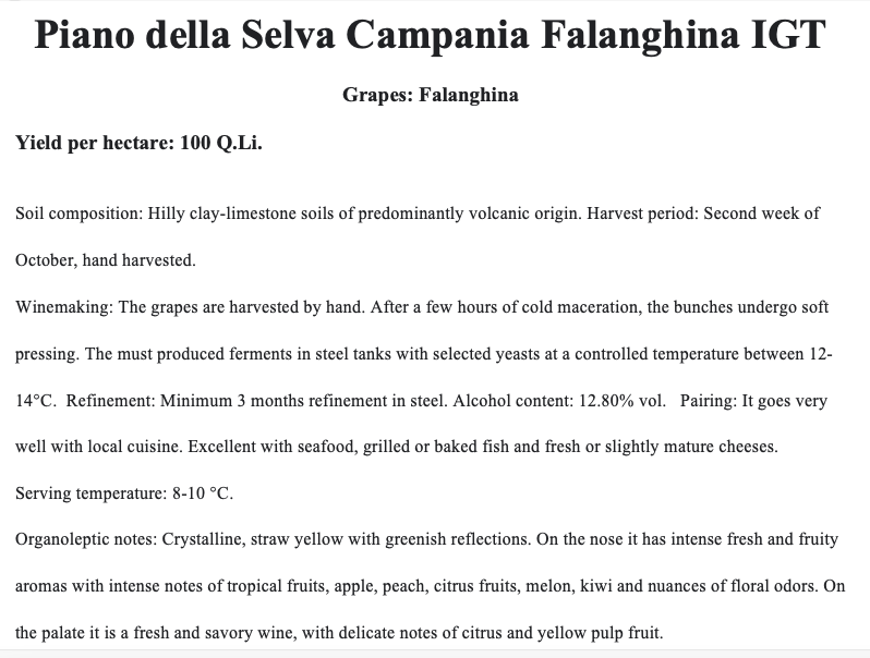 Piano Della Selva Campania Falanghina I.G.T.