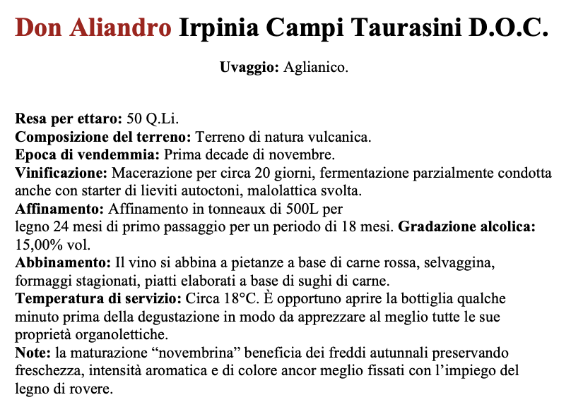 Don Aliandro Irpinia Campi Taurasini  D.O.C.
